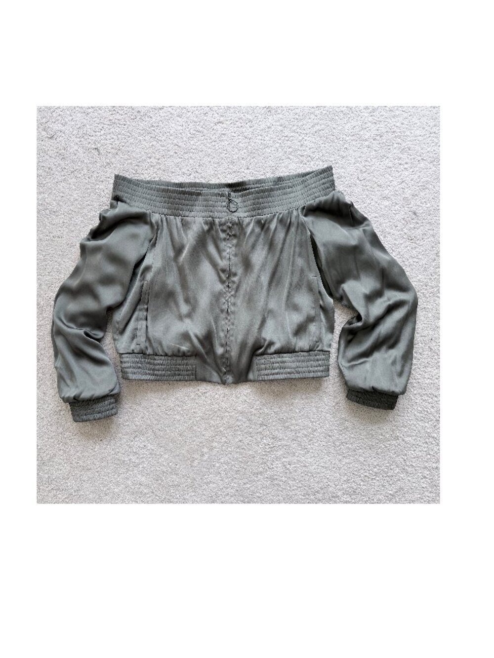 BCBG off the shoulder cropped satin-like bomber jacket, army green, Sz Large